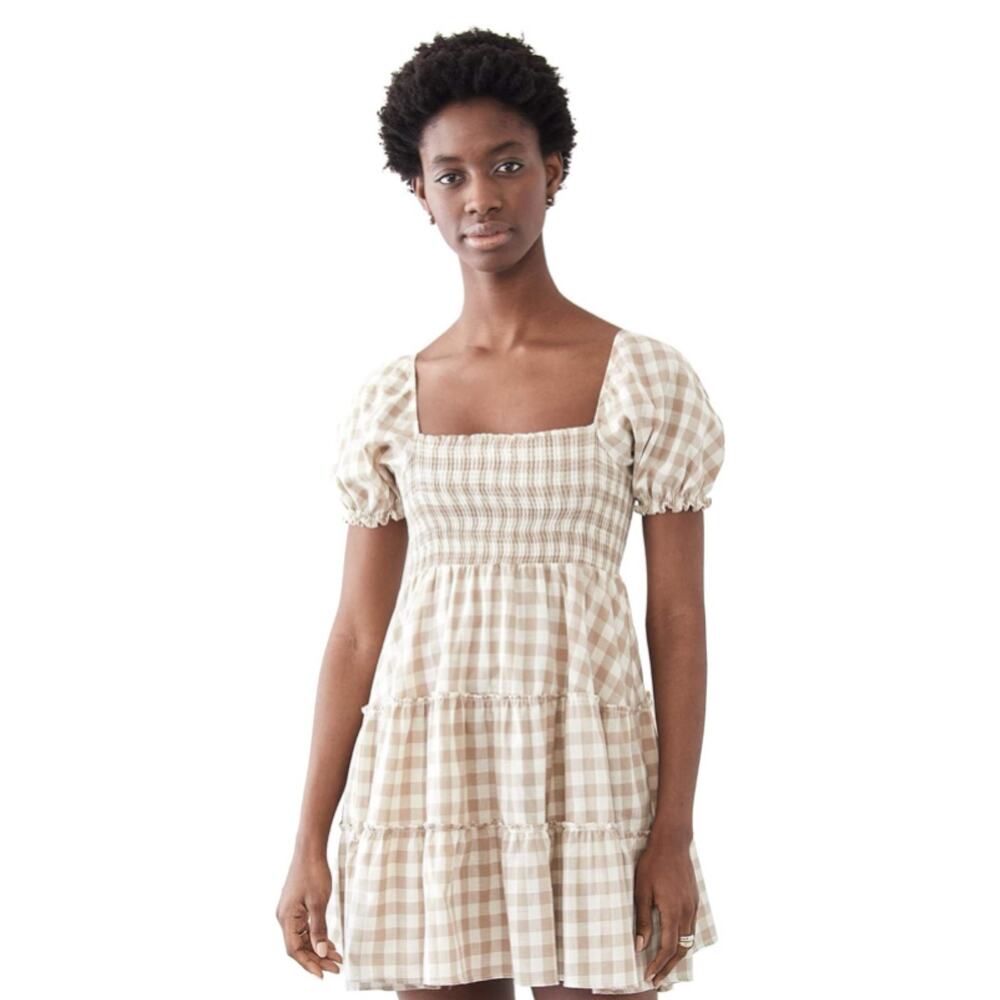 Peixoto Coco Beige Smocked 100% Cotton Gingham Check Mini Dress M NWT